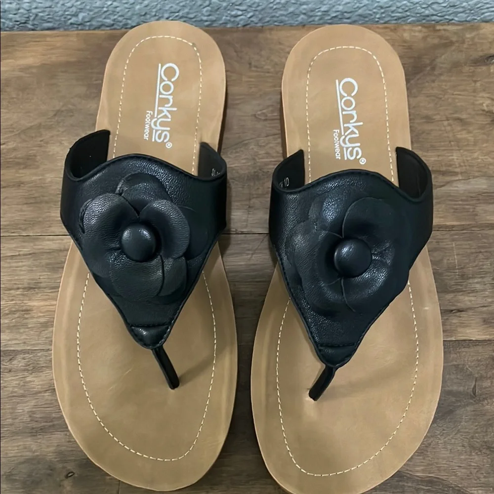 Corkys Black and Tan Floral Sandals size 10 So Delish NEW - Picture 2 of 6